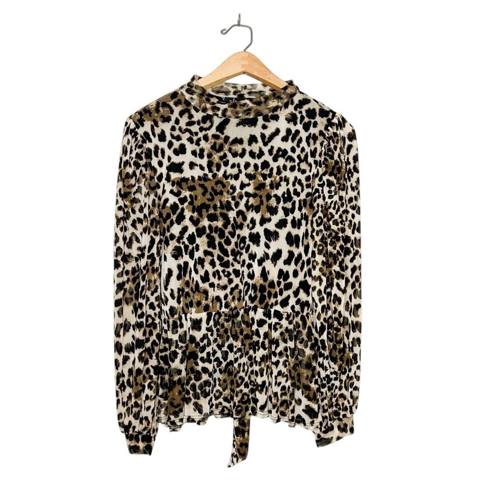 A Love‎ Story Womens Semi Sheer Long Sleeve Leopard Animal Print Blouse Large L